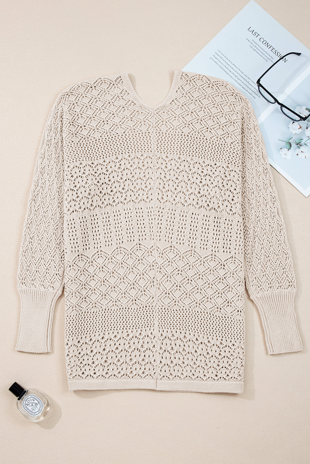 Khaki Mix Pattern Hollow Knit Open Front Cardigan