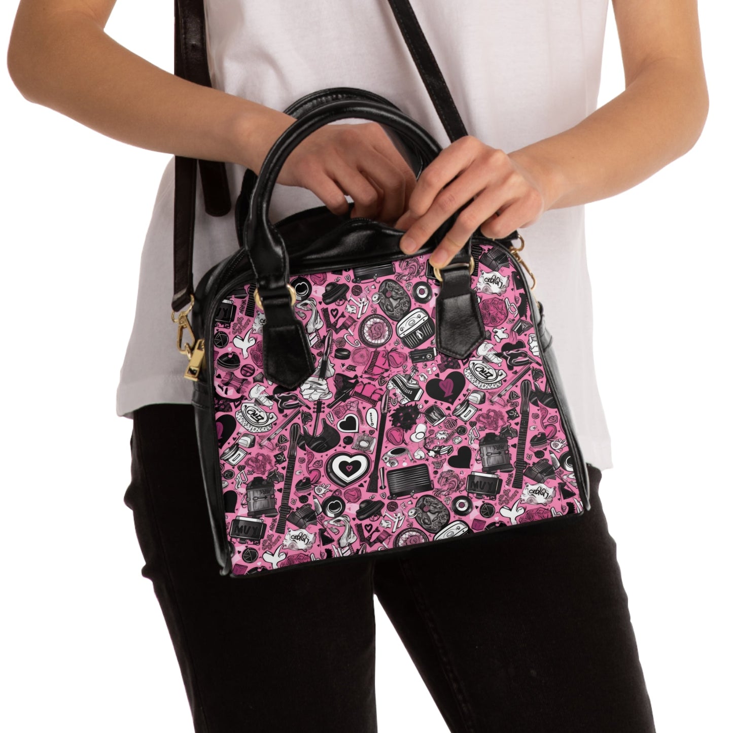 Hearts In Black Handbag