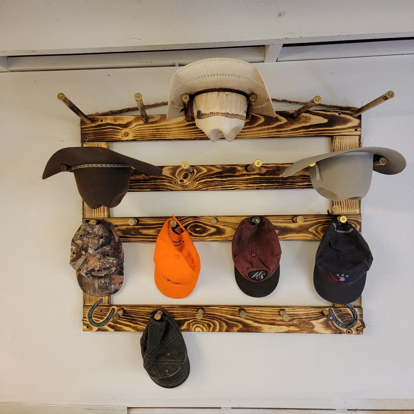 6 Cowboy Hat Rack | Cowboy Hat Holder |  with 13 Gimmee Cap pegs | Rustic Western Hat Display | Handcrafted Wooden Organizer | Space-Saving Home Decor | Made in USA