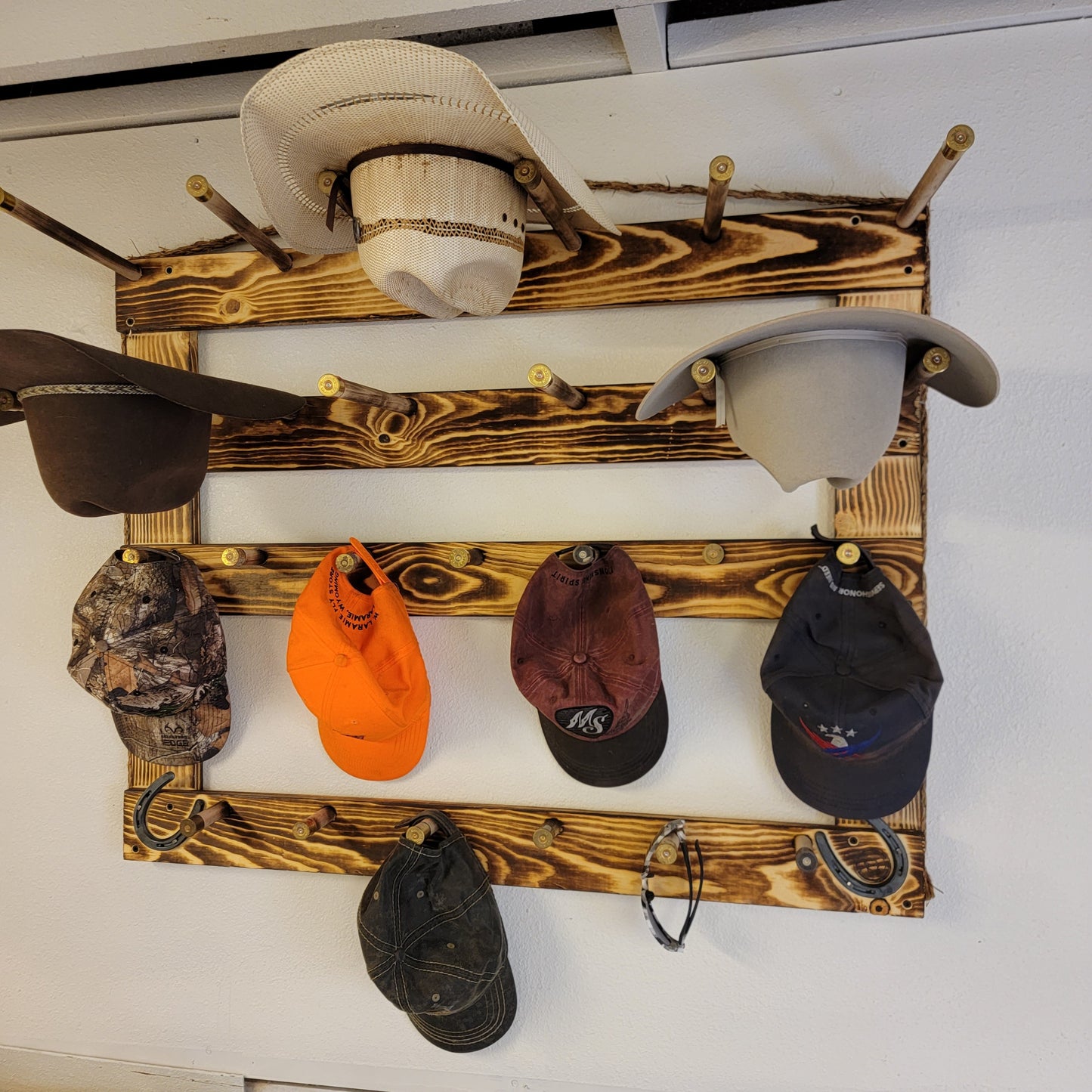 6 Cowboy Hat Rack | Cowboy Hat Holder |  with 13 Gimmee Cap pegs | Rustic Western Hat Display | Handcrafted Wooden Organizer | Space-Saving Home Decor | Made in USA