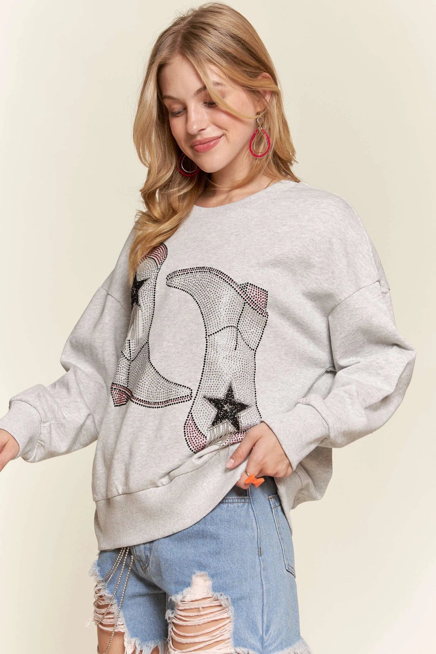 ADORA Rhinestone Accent Casual Sweatshirt in Grey