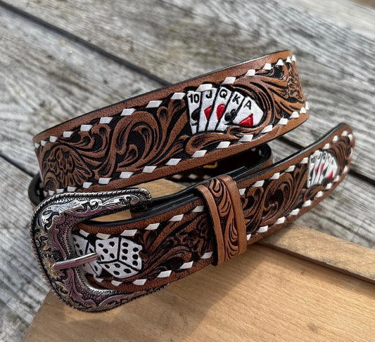 Genuine Leather Western Belt with tooled cards and dice by Boltsbootsbrand