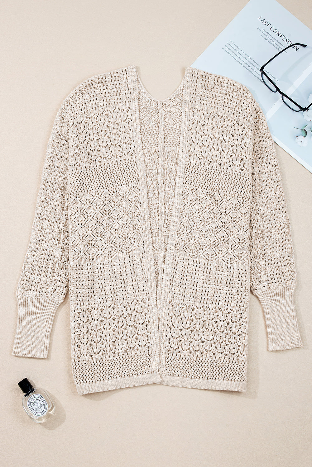 Khaki Mix Pattern Hollow Knit Open Front Cardigan