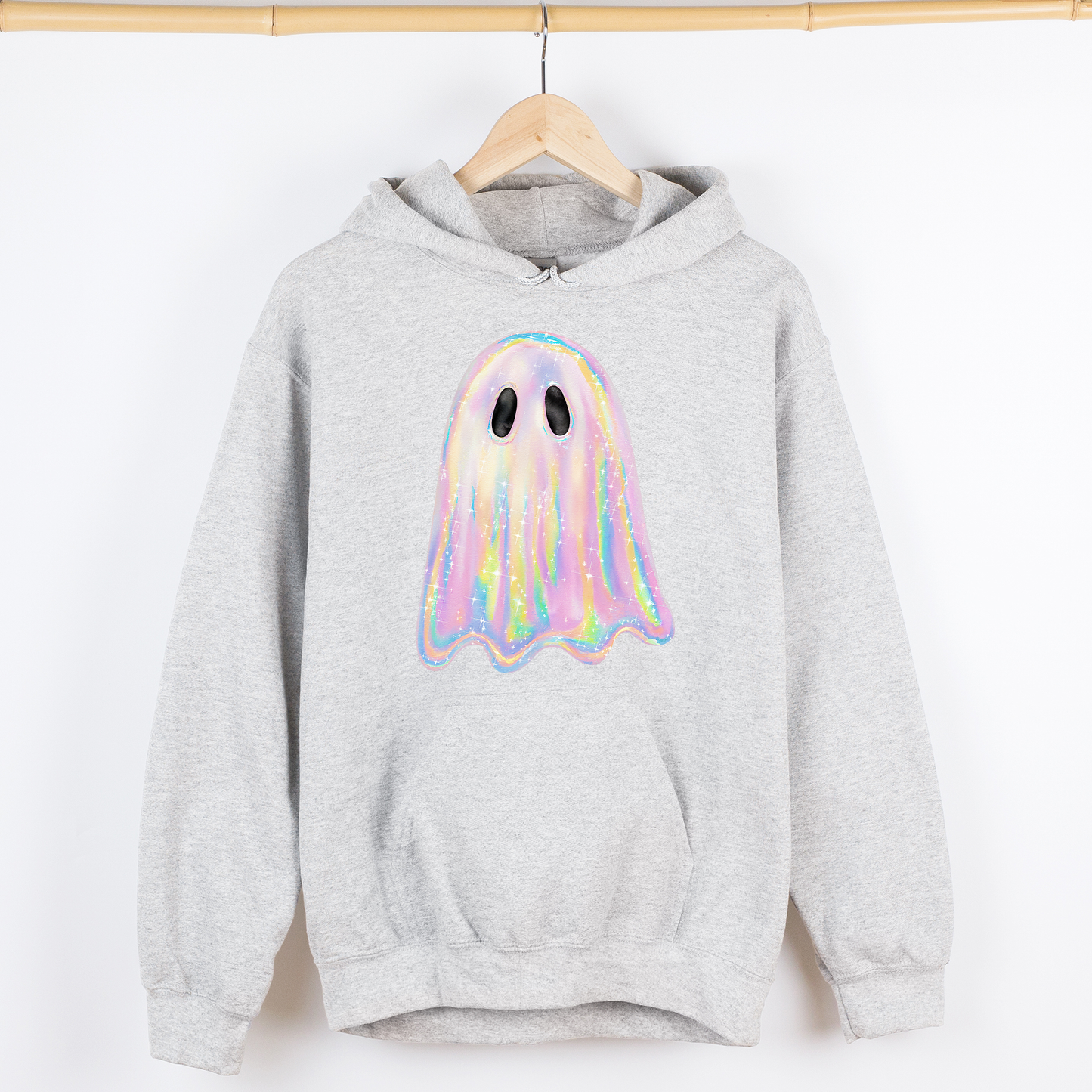 Shimmering Ghost, Iridescent Ghost, Boo, Cute Ghost, Faux Glitter Ghost, Spooky Season, Halloween, Graphic Hoodie, Hooded Sweatshirt