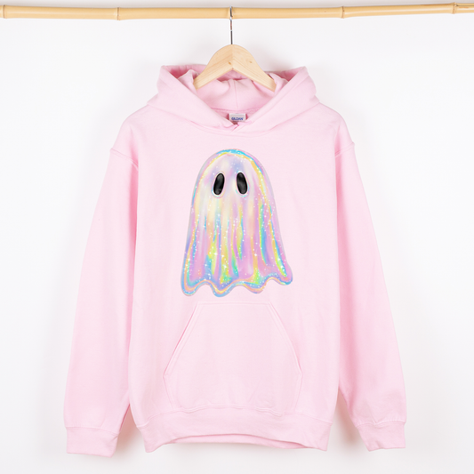 Shimmering Ghost, Iridescent Ghost, Boo, Cute Ghost, Faux Glitter Ghost, Spooky Season, Halloween, Graphic Hoodie, Hooded Sweatshirt