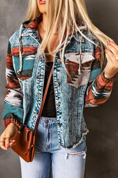 Aztec Denim Frayed Hem Jacket