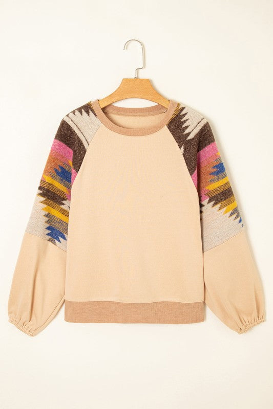 Logan Aztec Patchwork Raglan Pullover Sweatshirt