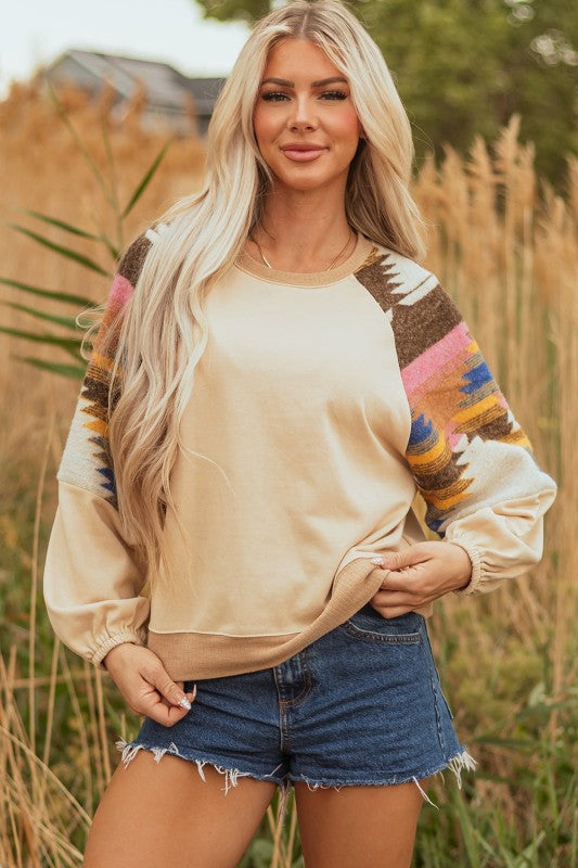 Logan Aztec Patchwork Raglan Pullover Sweatshirt