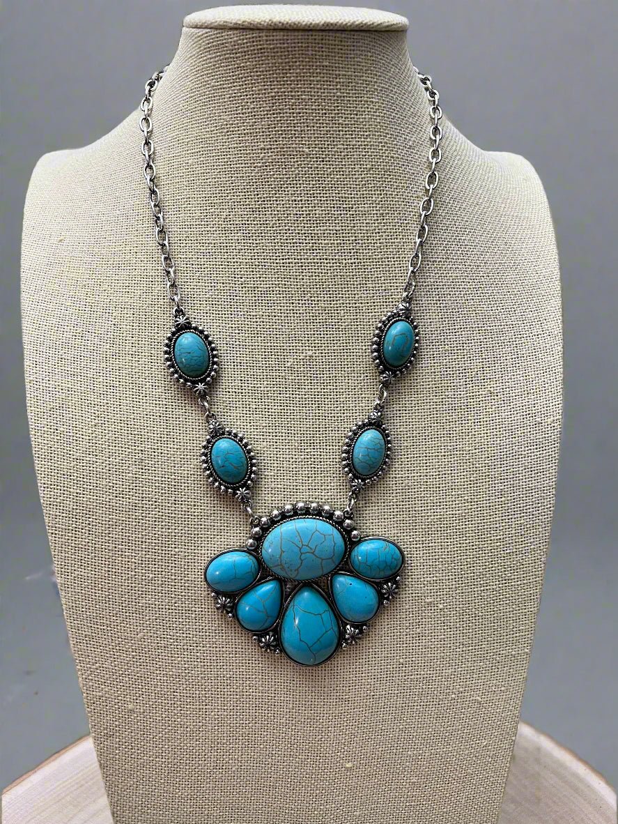 Faux Turquoise Squash Blossom and Earring Set - 18 inch necklace