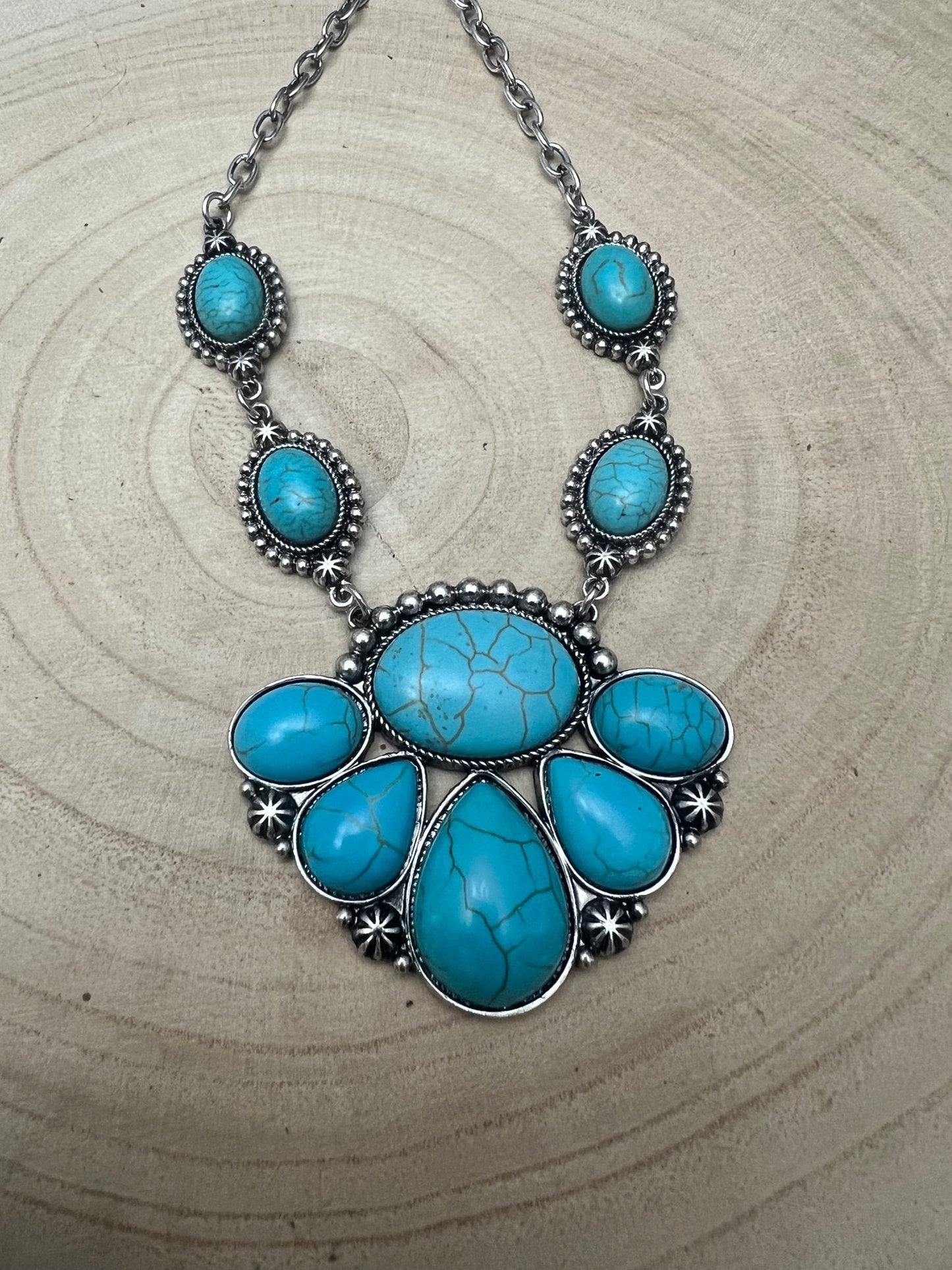 Faux Turquoise Squash Blossom and Earring Set - 18 inch necklace