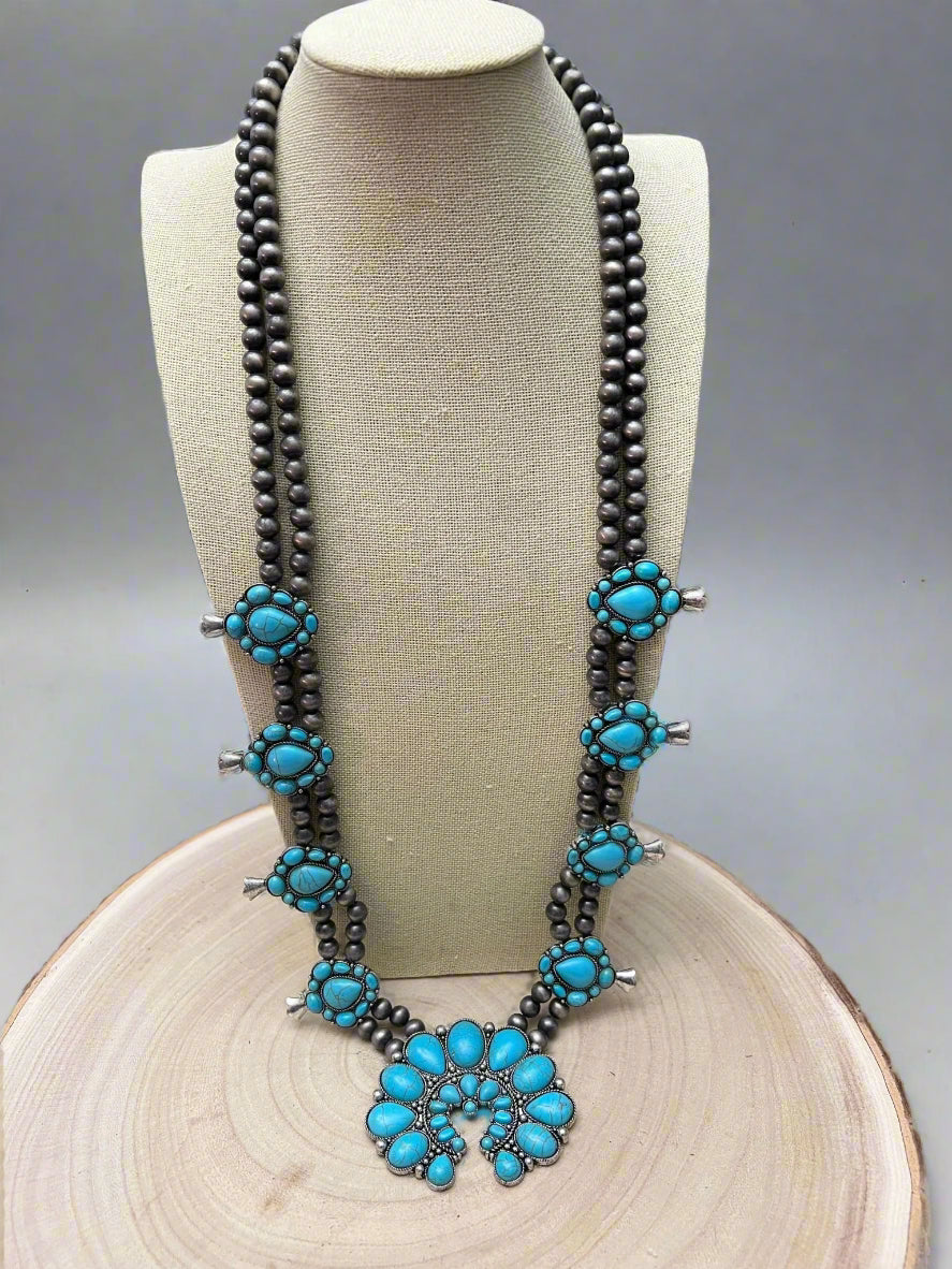 Huge Double Strand Faux Turquoise Squash Blossom Statement Necklace -  32 inch + 3