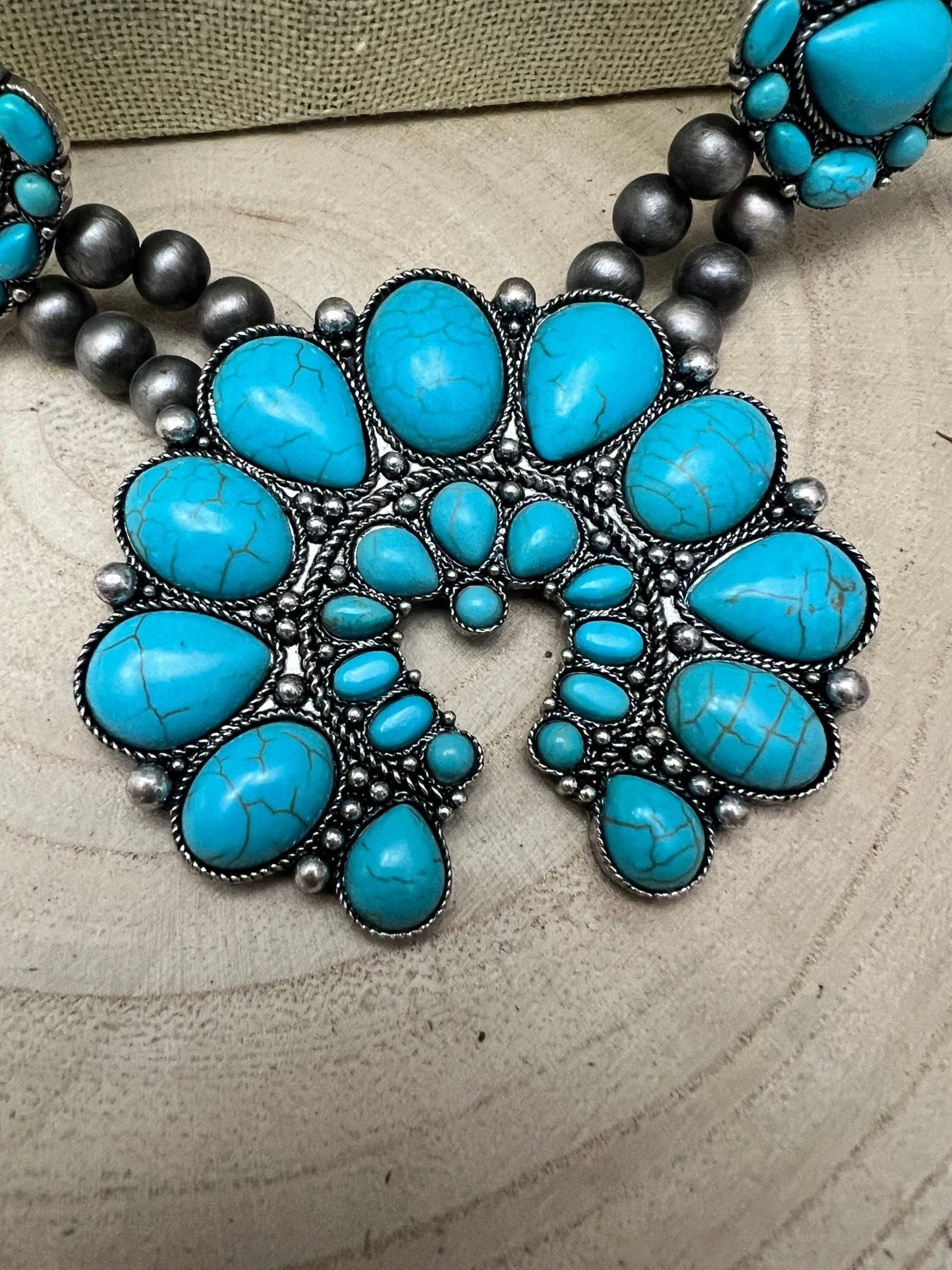 Huge Double Strand Faux Turquoise Squash Blossom Statement Necklace -  32 inch + 3