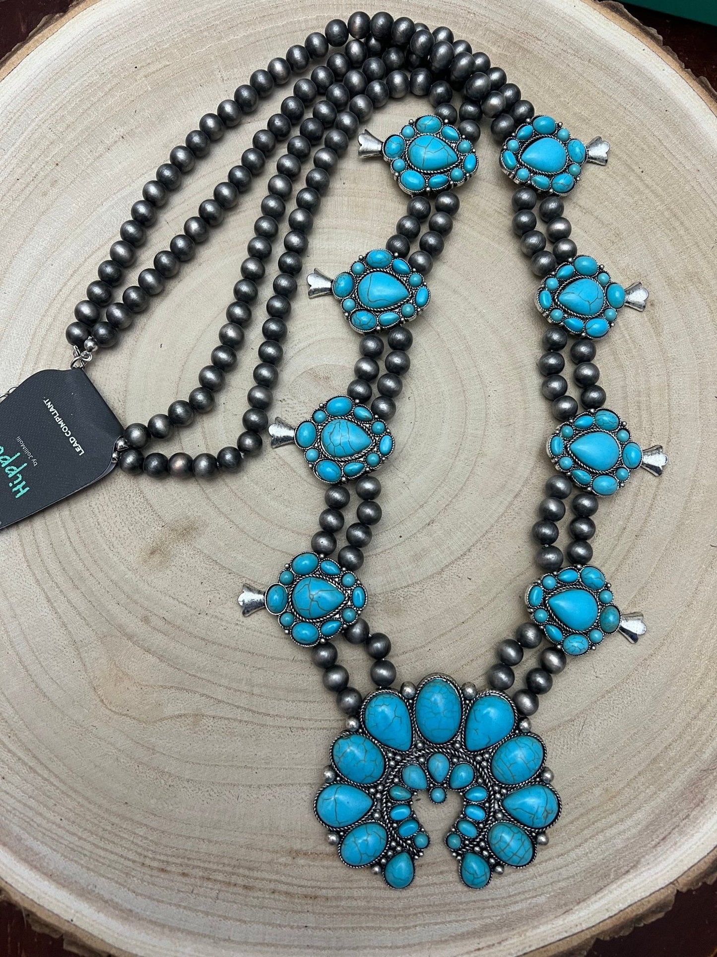Huge Double Strand Faux Turquoise Squash Blossom Statement Necklace -  32 inch + 3