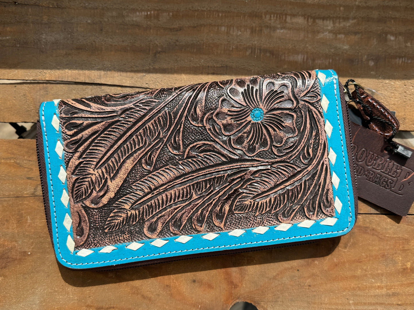 Western wallet zipper closure tooled floral leather turquoise details by Double B Wild Rags
