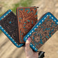 Western wallet zipper closure tooled floral leather turquoise details by Double B Wild Rags
