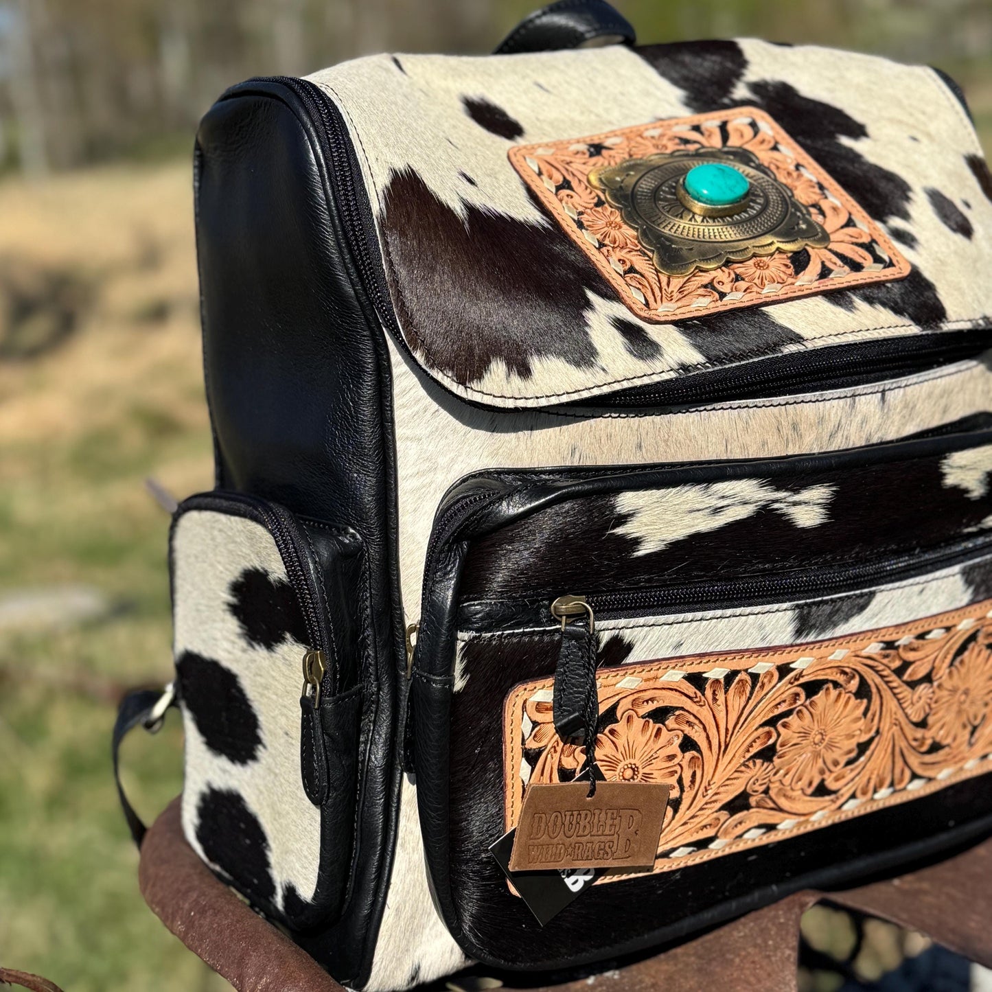 Genuine Western Cowhide Leather Backpack Diaper Bag Personal Item carry-on luggage