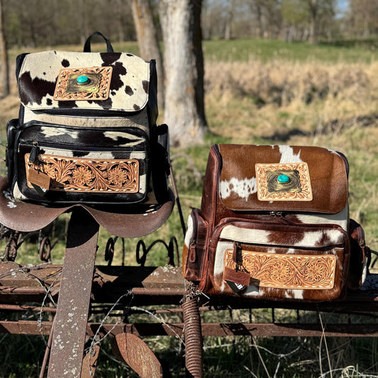 Genuine Western Cowhide Leather Backpack Diaper Bag Personal Item carry-on luggage