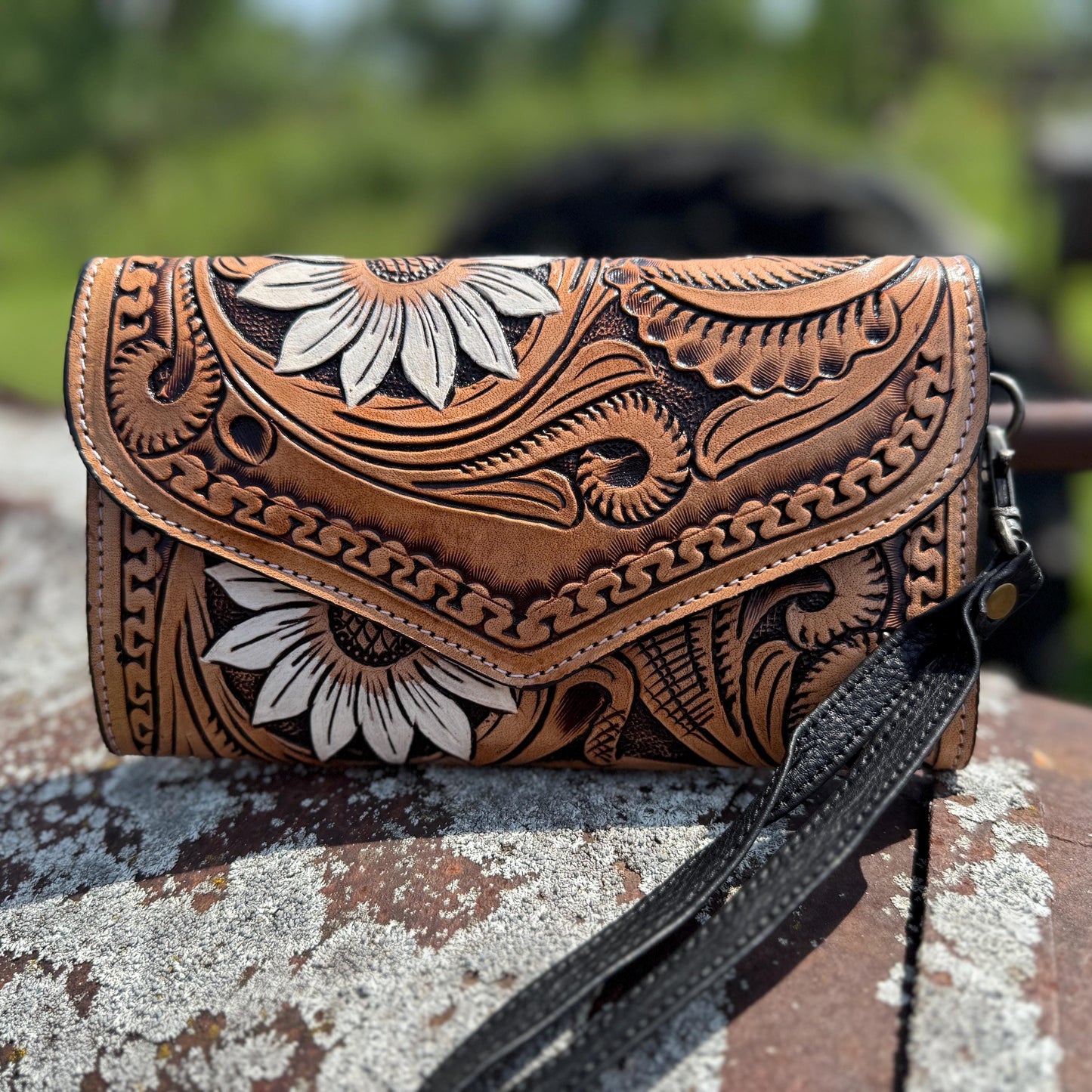 Genuine Western Cowhide Leather Purse and Clutch with white floral painted details a Double B Wild Rags Exclusive