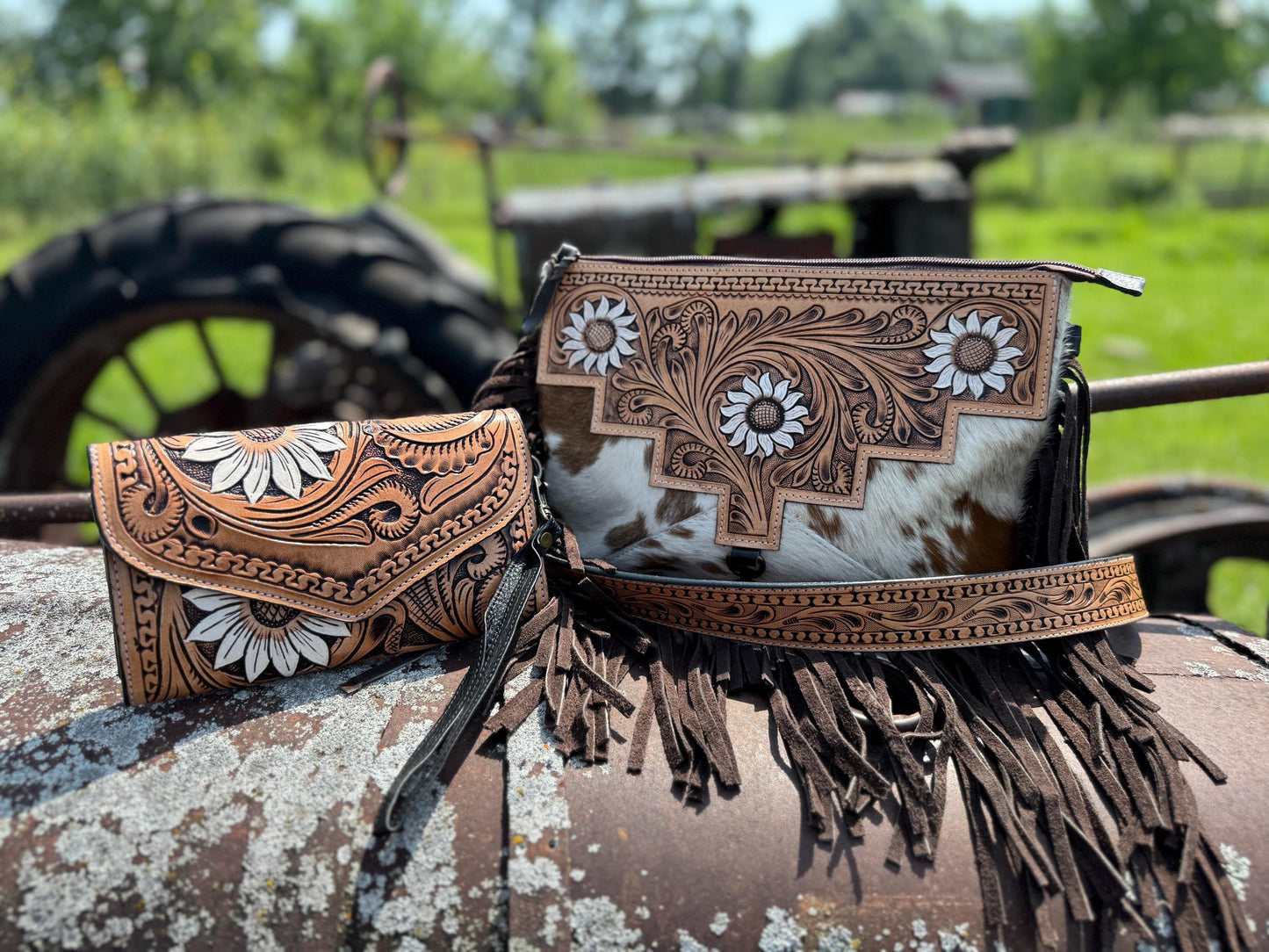 Genuine Western Cowhide Leather Purse and Clutch with white floral painted details a Double B Wild Rags Exclusive