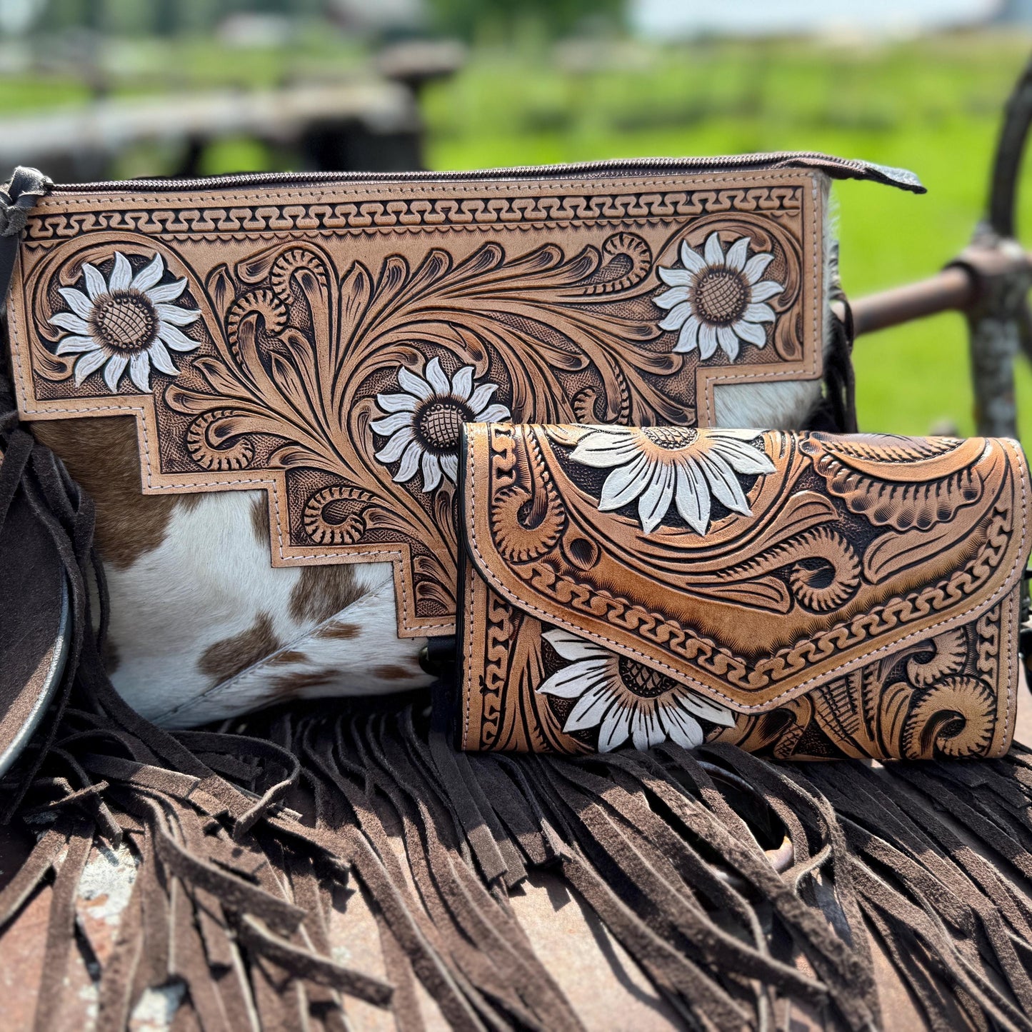 Genuine Western Cowhide Leather Purse and Clutch with white floral painted details a Double B Wild Rags Exclusive
