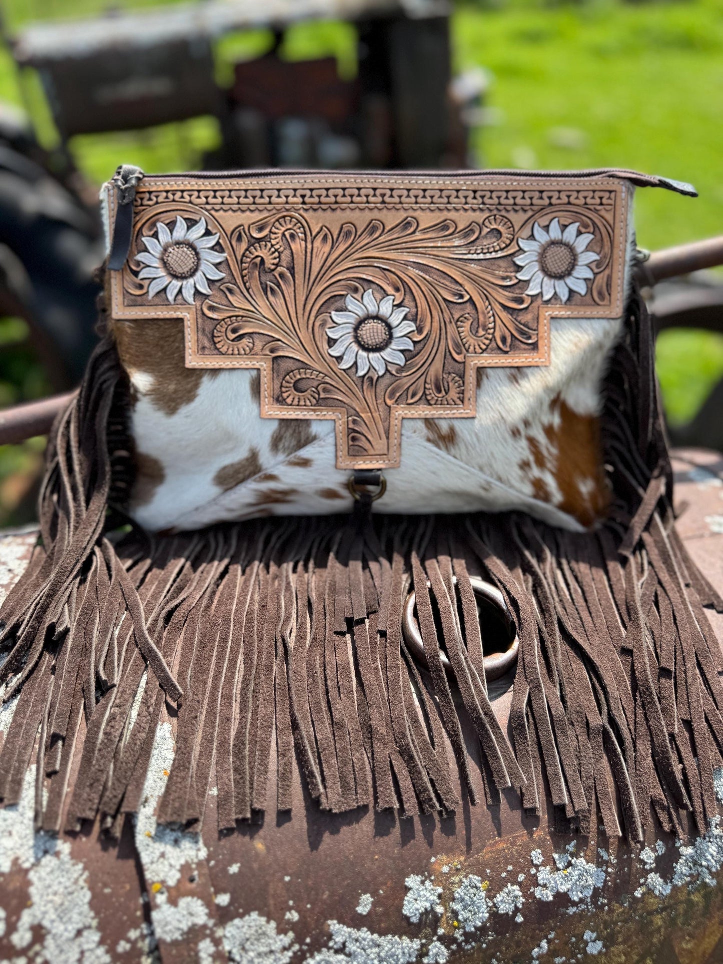 Genuine Western Cowhide Leather Purse and Clutch with white floral painted details a Double B Wild Rags Exclusive