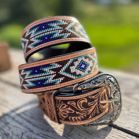 Genuine Leather Western Belt with tooled and Seed Bead details a Double B Wild Rags
