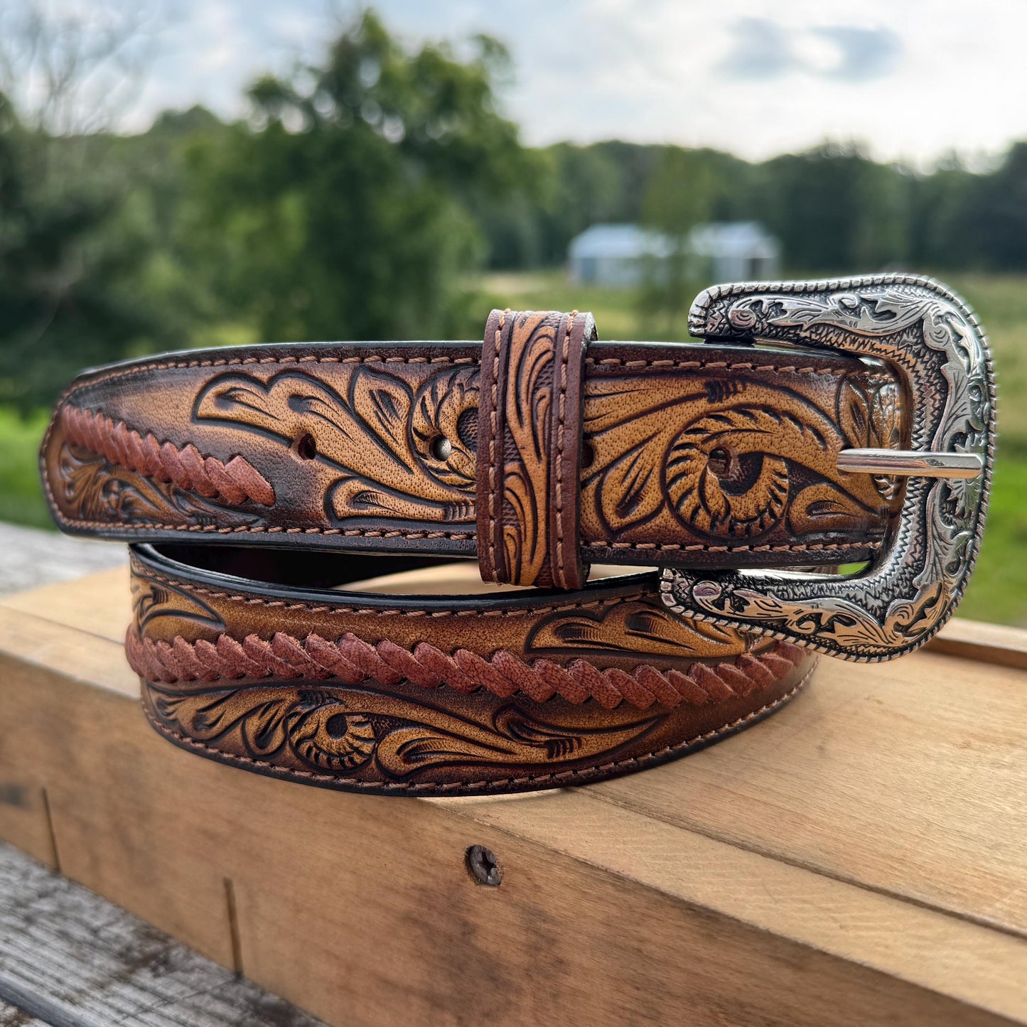 Genuine Leather Mens Western Belt with tooled details