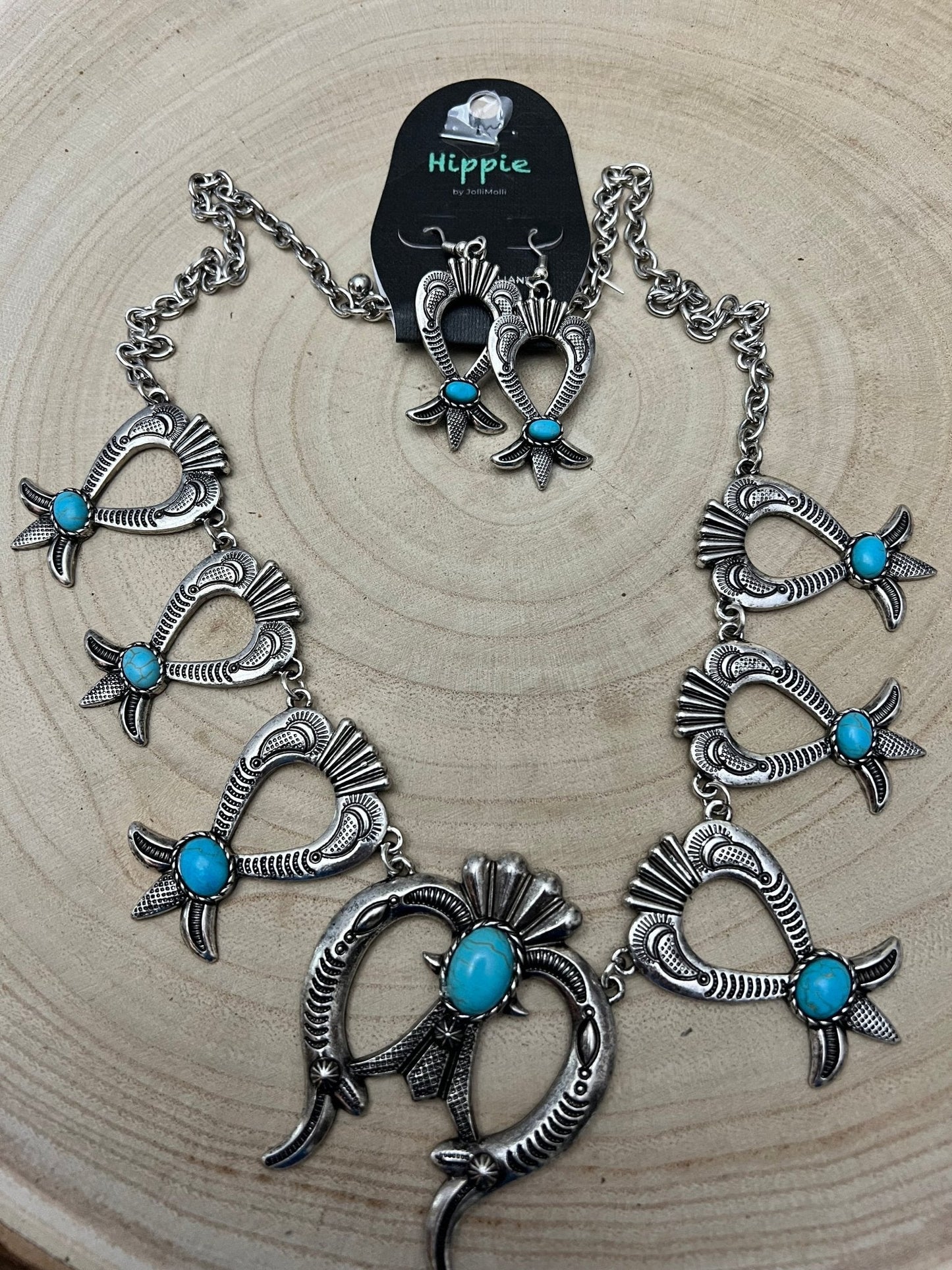 Squash Blossom and Faux Turquoise & Earring Set - 24 inch necklace