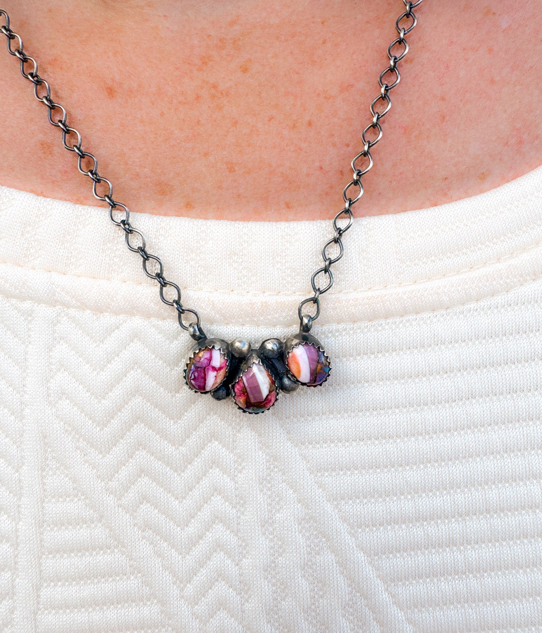 Tia Long Three Stone Pink Dahlia Necklace