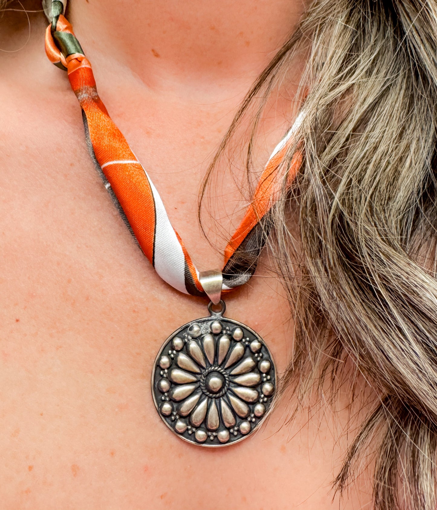 Medallion Pendant on Silk Scarf Necklace