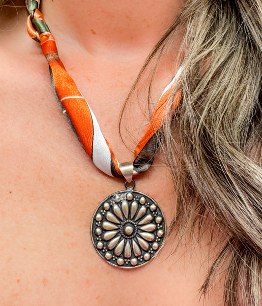 Medallion Pendant on Silk Scarf Necklace