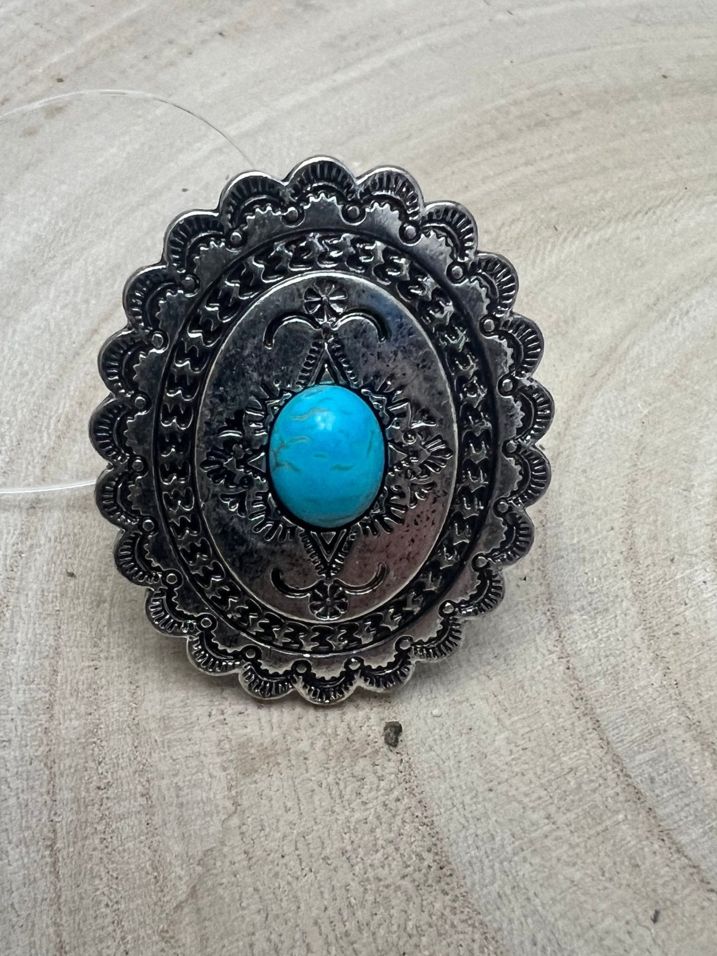 Western Concho and Faux Turquoise Stretch Ring - Statement Size