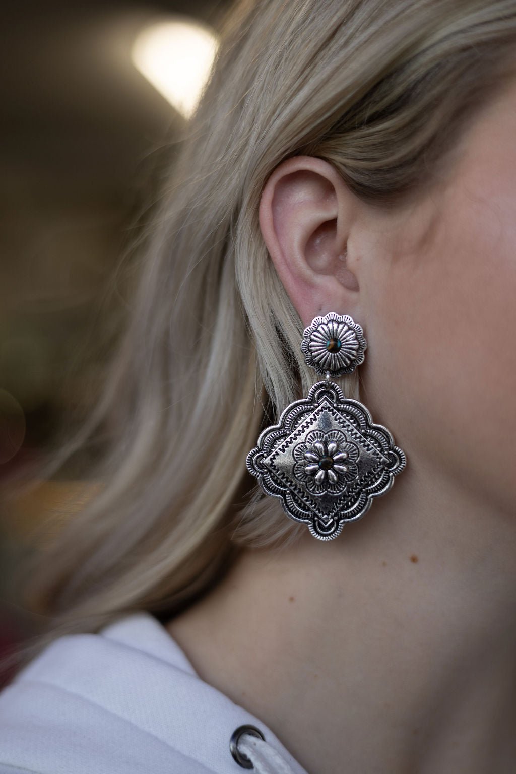 Western Concho Dangle Earrings with multi color stones - 2 1/2 inch drop