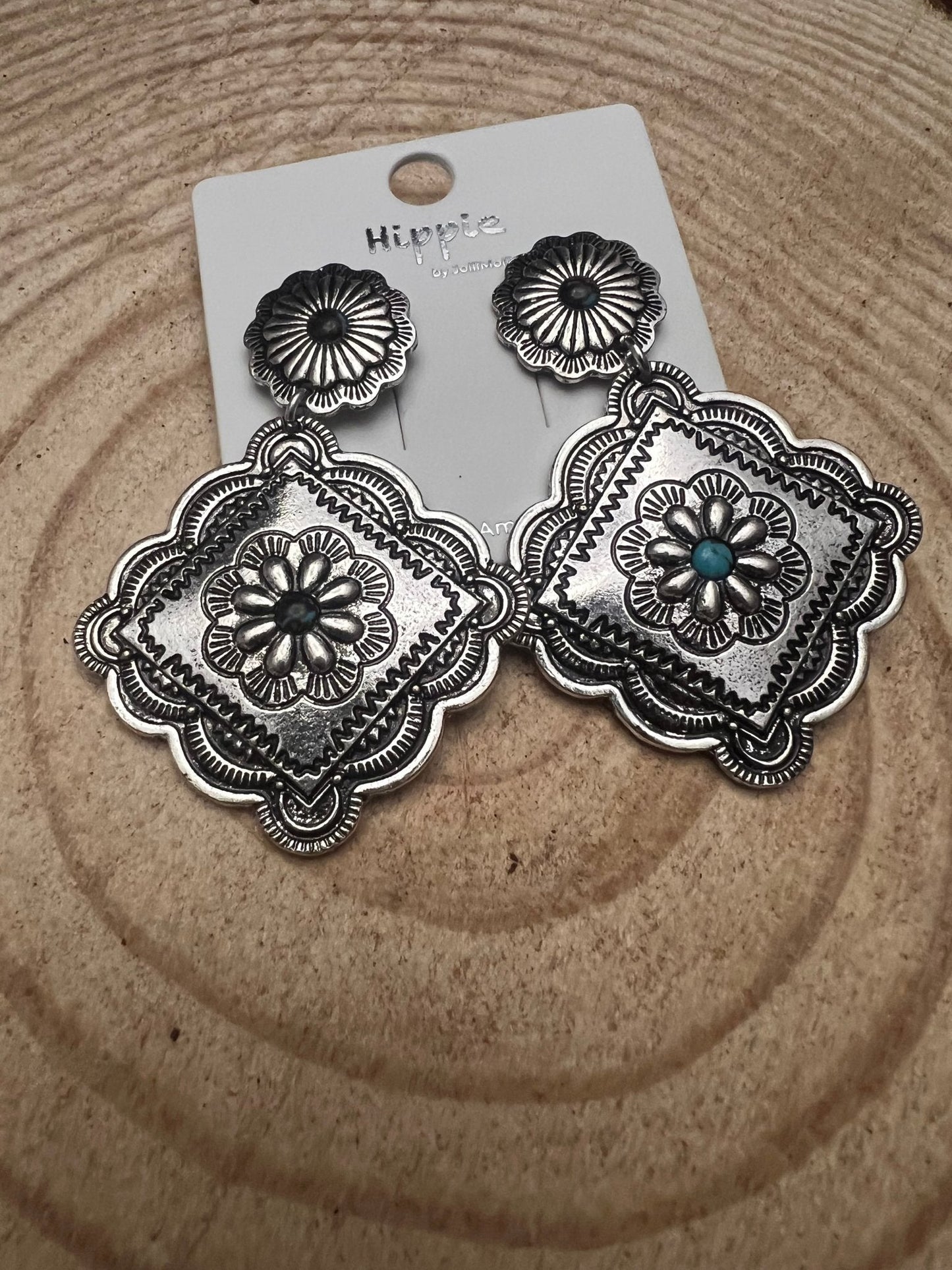 Western Concho Dangle Earrings with multi color stones - 2 1/2 inch drop