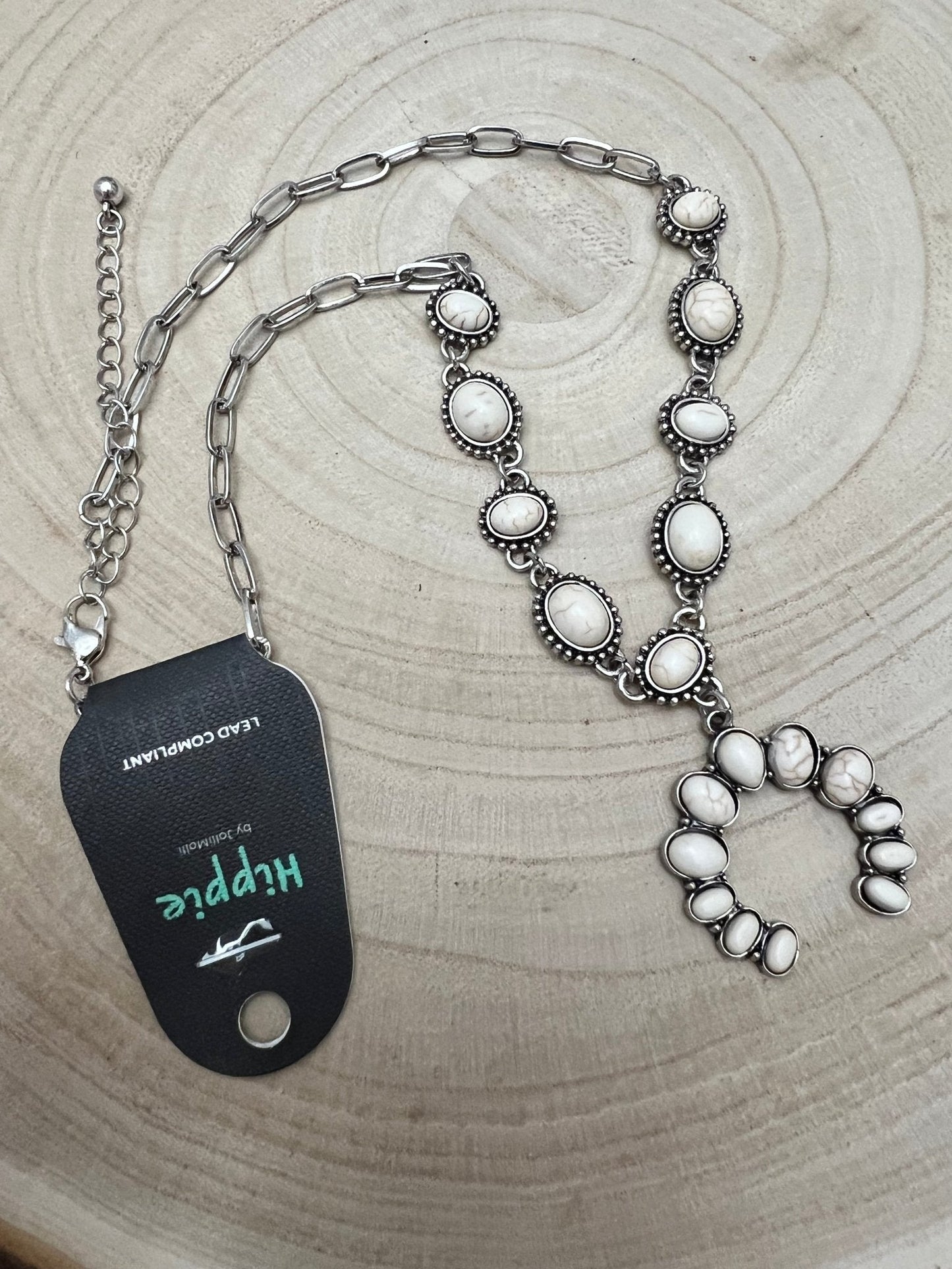 White Stone Faux Squash Blossom Necklace - 16 inch + 3