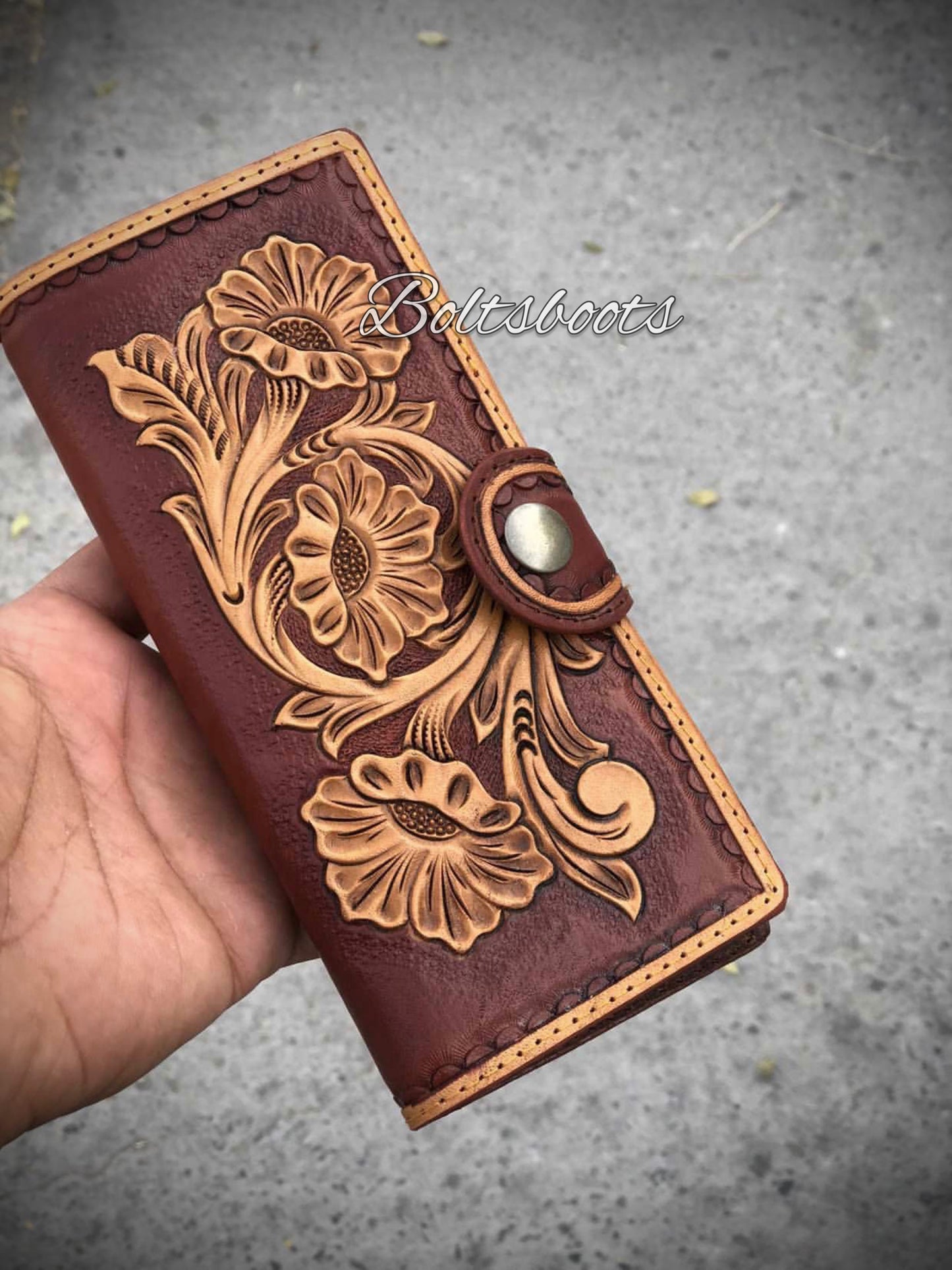 Mahogany California handtooled wallet by Boltsbootsbrand